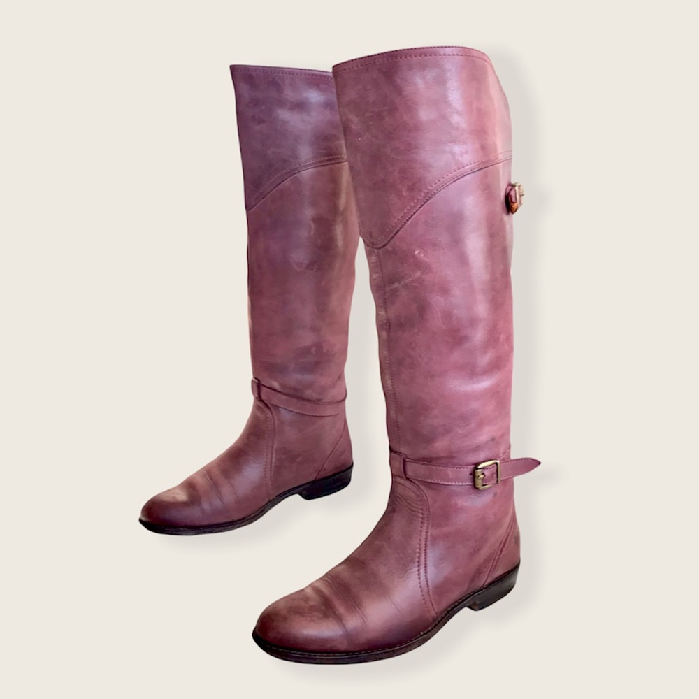 Frye Dorado Polished Genuine Leather Bordeaux/Light Red Knee High Riding Boots - Picture 10 of 16